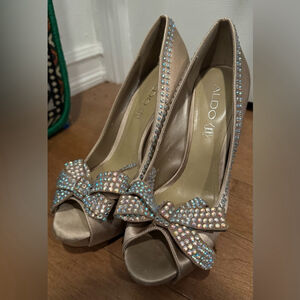 Aldo Stiletto Rhinestone Satin Bow Peep toe Sandal stiletto Party wedding 7.5